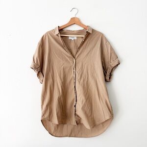 Xirena Channing Short Sleeve Button Down Cotton Shirt Top Large Tan Brown.